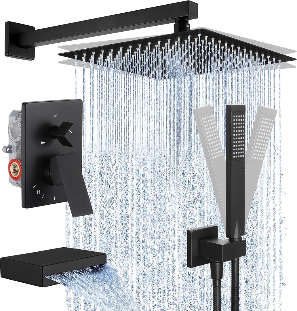 KES Black Shower Faucet Set Complete, 12 Inch Rainfall Shower Head with Handheld Spray, Waterfall Tub Spout Bathtub Faucet, Shower System, Regaderas Modernas Para Ducha, XB6305F18S12-BK