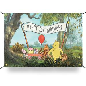 The Winnie Bear Happy 1st Birthday Banner & Backdrop, 3x5FT Party Background Decorations/Supplies