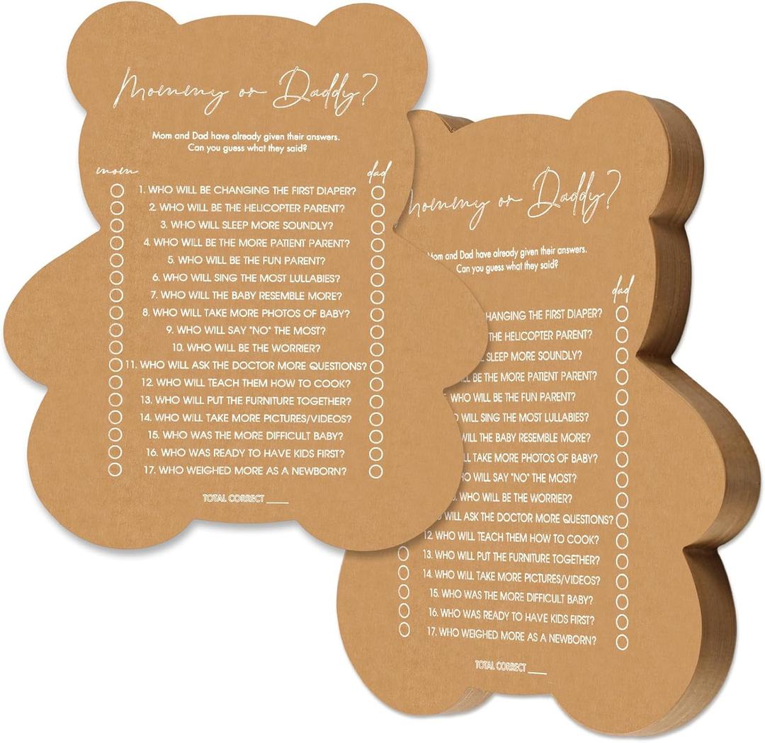 50 Pcs Bear Baby Shower Games Mommy or Daddy Guess Who Game for Girl or Boy Funny Baby Shower Games Fun Gender Neutral Activity Kraft Paper Cards