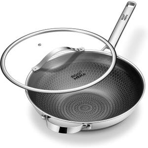 Wok pan with Lid, Hybrid Ceramic 13 Inch Tri-Ply Stainless Steel Woks
& Stir-fry Pans Nonstick, Non-Toxic, PFAS/PFOA/PTFE Free, Metal Utensil Safe, Dishwasher & Oven Safe, Induction Compatible