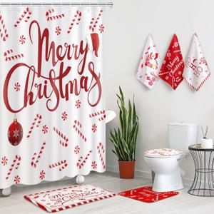 Newwiee 7 Pcs Christmas Bathroom Set Xmas Shower Curtain Decor Shower Curtain Non Slip Rugs and Kitchen Towels 3 Bathroom Decor Accessories for Christmas Holiday(Candy)