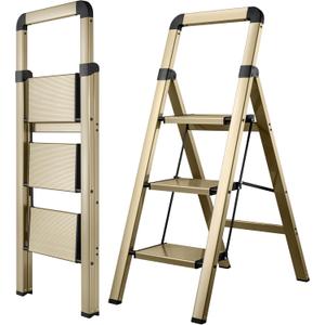 Step Ladder 3-Step Champagne Gold Finish Aluminum Folding Step Ladders,Anti-Slip Max 330 lbs