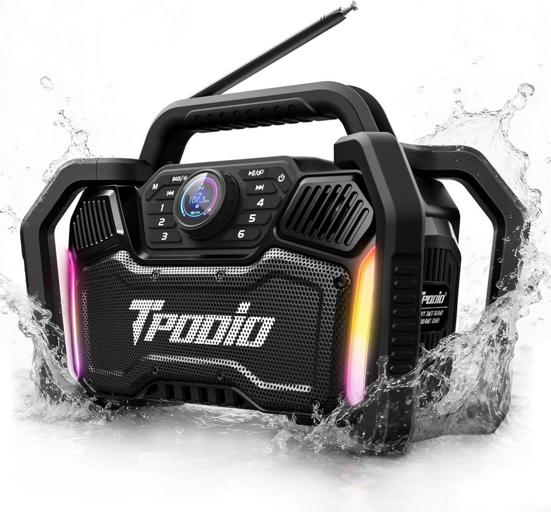 Rugged Jobsite Bluetooth Speaker 160W Peak, 120dB Loud, FM Radio, IPX6 Waterproof | 24H Battery, 28W PD Fast Charge 2.5H, Heavy Duty Portable TWS Stereo for Outdoor, Garage, Tailgating