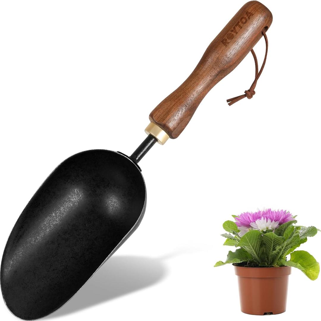ROYTOA Soil Scoop Garden Trowel, Garden Spade with Ergonomic Walnut Handle, Small Hand Shovel for Transplanting, Digging and Cultivating
