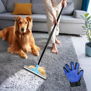 Carpet Rake for Pet Hair Removal  Carpet Scraper & Pet Fur Rake  Dog & Cat - Animal Fur Broom for Rugs & Furniture with Adjustable Lengths - Blue