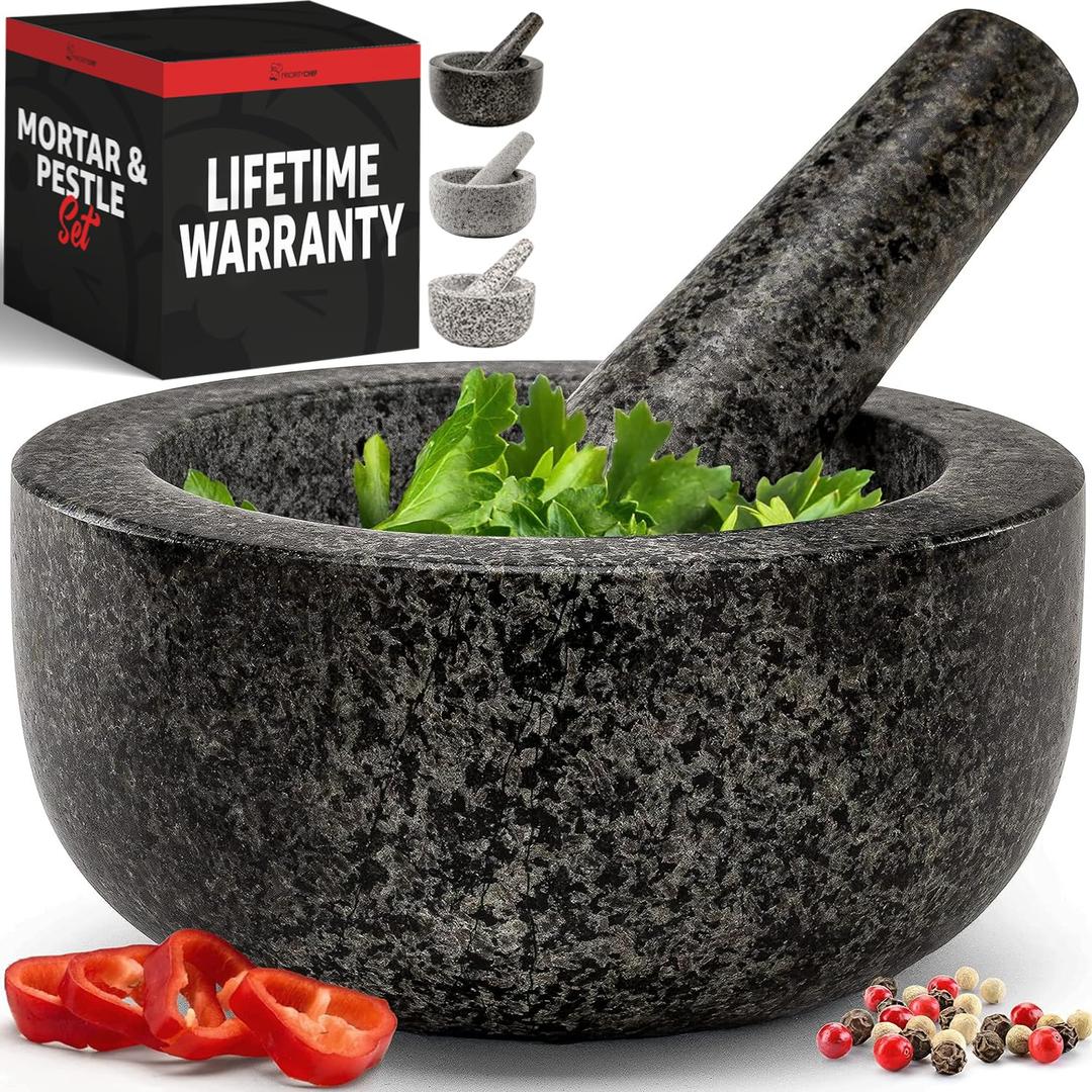 Priority Chef Heavy Duty Mortar and Pestle Set, 1.5 Cup, 100% Granite, Non Slip Base, Make Fresh Guacamole, Salsa, Pesto, Stone Grinder Bowl, Herb Crusher, Spice Grinder, 5.5 Inch - Black