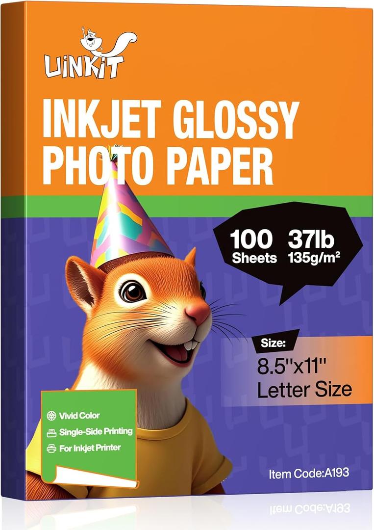 Uinkit 37lb Thin Flyer Paper Glossy 8.5x11 Inkjet 100 Sheets Single Side DIY Chip Bag 135gsm Printer Picture for Inkjet Printer with Dye Ink Letter size A4 Brochure (8.5X11X100)