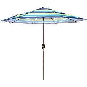 Blissun 9' Outdoor Patio Umbrella, Outdoor Table Umbrella, Yard Umbrella, Market Umbrella with 8 Sturdy Ribs, Push Button Tilt and Crank (Blue & Green Stripe)