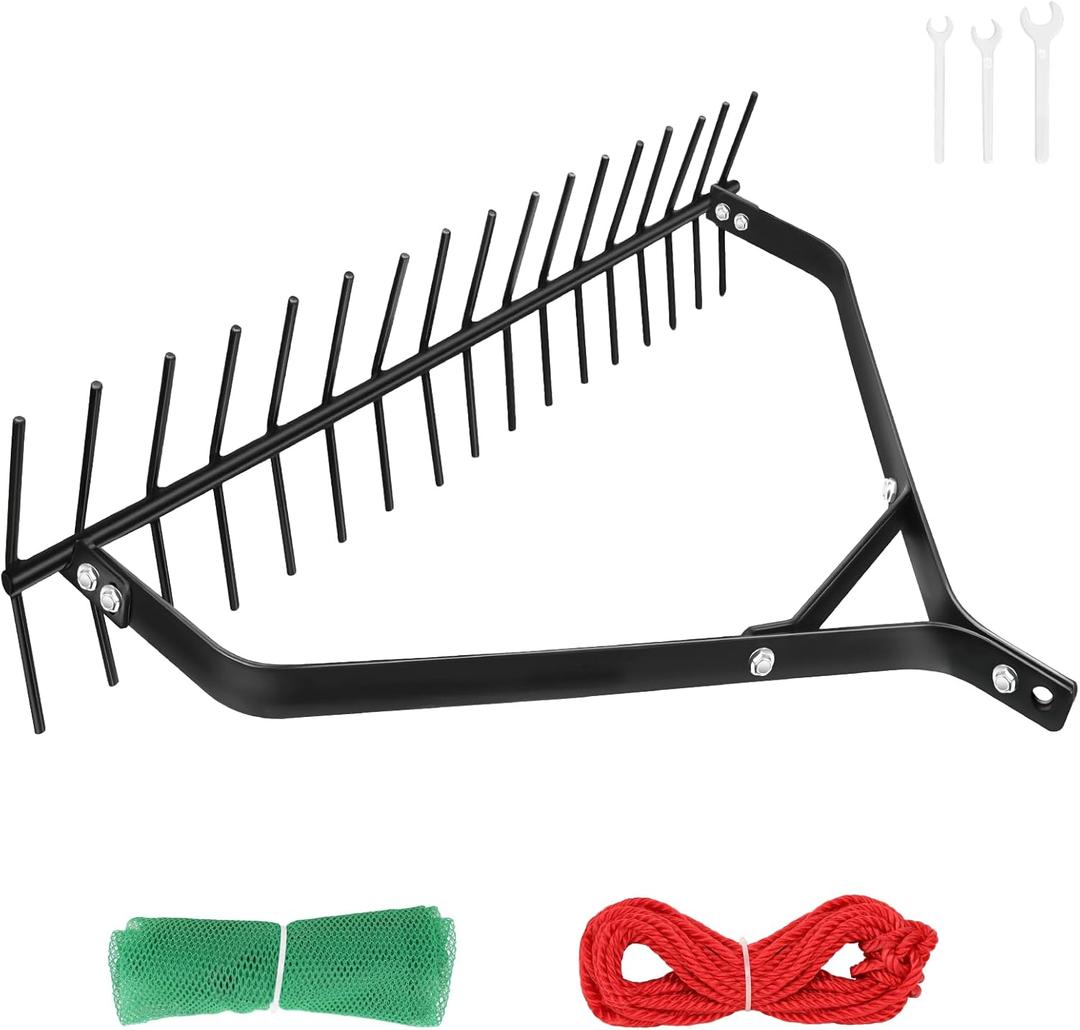 32" Aquatic Weed Rake 6.3" Steel Rod Lake Weed Cutter, Double Sided Pond Weed Clearing Tool, Muck Silt Weed Rakes for Lake Pond Rivulet Beach, 30ft Thicker Rope and Net