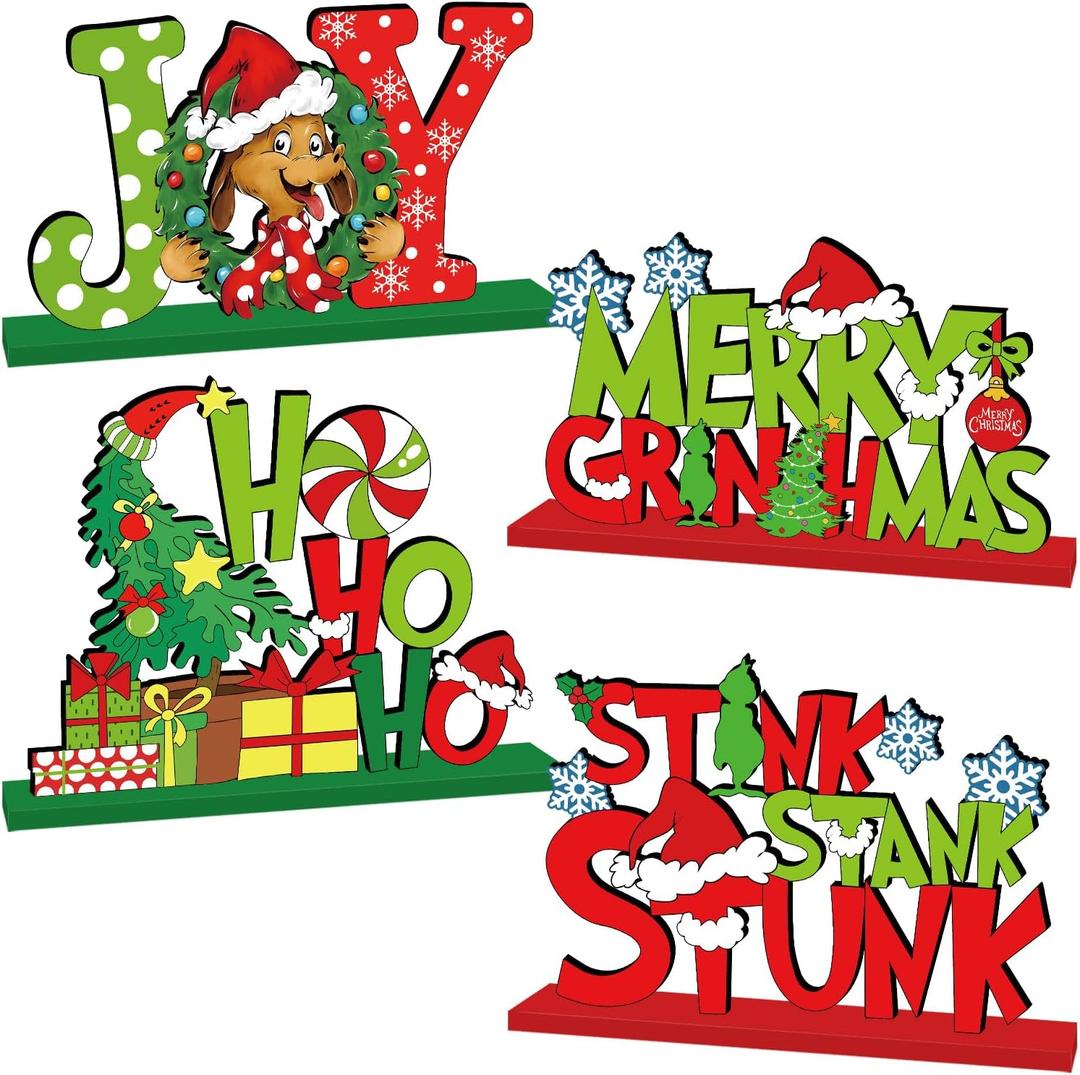 4Pcs Christmas Decorations Wooden Table Centerpiece Merry Christmas Joy Tiered Tray Decor Xmas Centerpiece for Winter Holidays Xmas Table Decorations