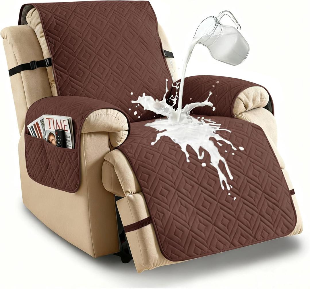 XINEAGE 100% Waterproof Recliner Cover, Non Slip Recliner Chair Cover with Elastic Band, Washable Recliner Slipcover with Storage Pockets for Kids, Pets (Coffee, 28")