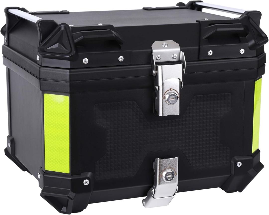 Motorcycle Top Case 45L Trunk Tail Box Bag Aluminum alloy handle with Leather Lining Anti-Theft With Double Lock Waterproof Dustproof Easy Installation with Universal Bracket Black, 12.6 x 16.5 x 14.9 inches