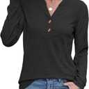 Women Button Down Henley Shirts V Neck Long Sleeve Fashion Dressy Casual Tops Trendy Blouses Loose Fit Tunic (Black, L)