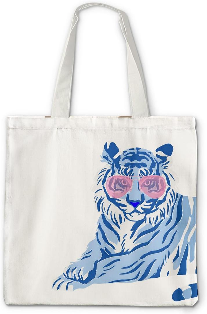 Preppy Tiger Tote Bag - Blue and White Tiger Canvas Tote Bag, Trendy Tiger Gifts for Women, Preppy Tiger Reusable Foldable Tote Bag