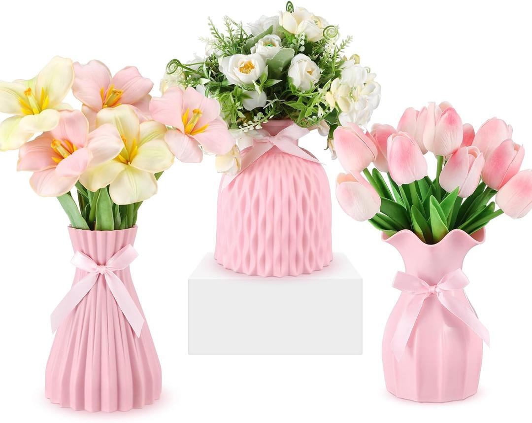 Geelin 3 Pack Coquette Pink Bow Vase Plastic Flower Vase Bow Room Decor Aesthetic, Shatterproof with Ribbon for Girls Home Wedding Office Desk Decoration, 3 Size