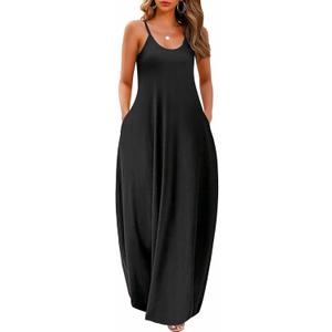 Wolddress Womens Maxi Dress with Pockets 2026 Casual Strap Plus Size Loose Plain Long Office Summer Beach Travel Dresses, XX-Large, Black
