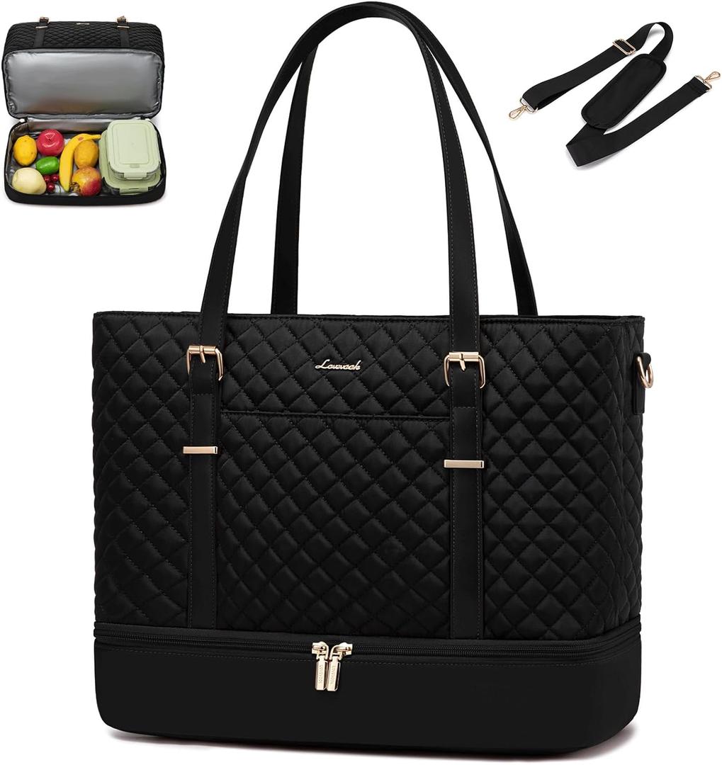 LOVEVOOK Lunch Tote Bag for Women, 15.6 Inch Laptop Work Bag With Lunch Compartment & Large Cup Holder, Lightweight Work Briefcase for Travel, Bussiness, Teacher (Black)