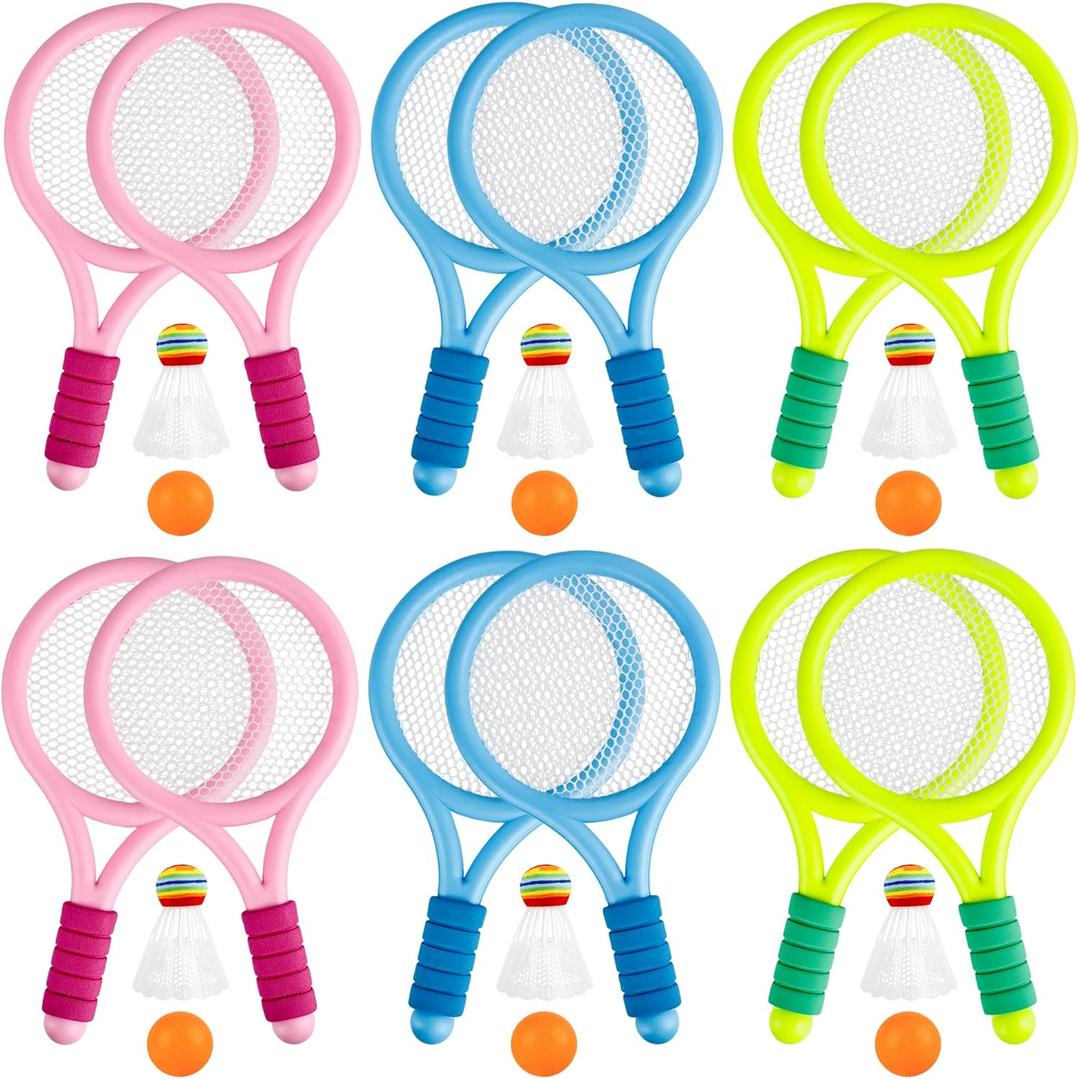 12 Pcs Plastic Kids Tennis Racket Set with 6 Pcs Tennis Balls and 6 Shuttlecocks Training Balls Badminton Paddle Racket Toy for Children Toddler Outdoor Indoor Beach Sports Gifts