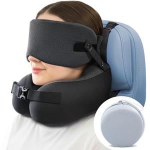 Travel Pillow for Long Flight Airplanes, Head Strap with Soft Eye Mask for Sleep, Memory Foam Travel Neck Pillow for Car Trip Essential, 360° Headrest Support to Stop Bobblehead, EVA Travel Case, Grey