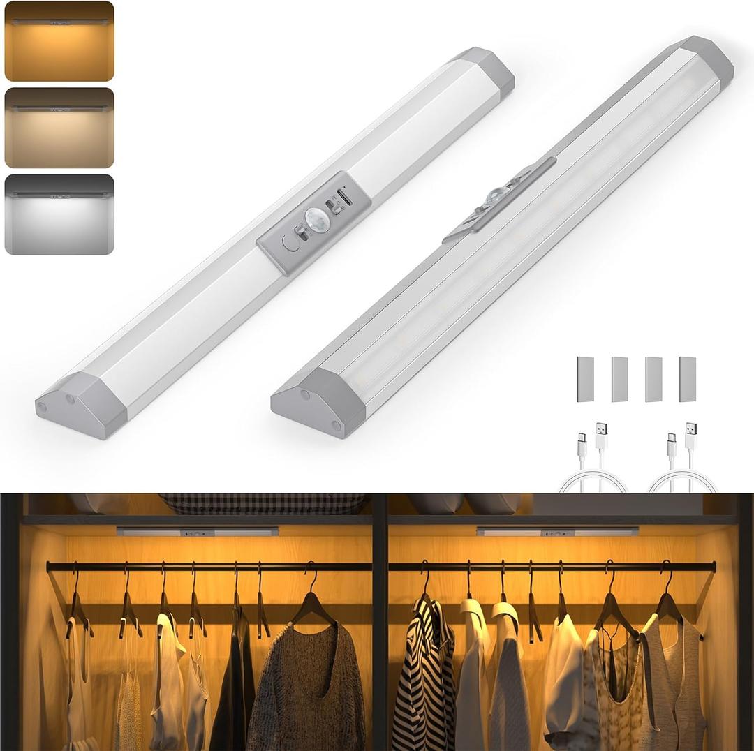 WOBANE Closet Lights Motion Sensored with Eye-Protection,Rechargeable LED Wardrobe Lighting with 3 Color,12 inch Dimmable Wireless Battery Operated Light Indoor for Stair,Pantry,Hallway,900mAh,2PCS