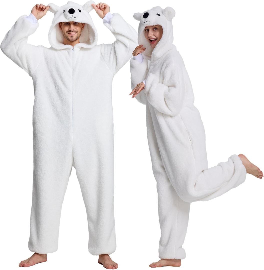 Unisex Adult Onesie Pajamas Animal Cosplay Halloween Costume One Piece Plush Sleepwear Homewear (Medium, White Bear)