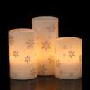 DRomance Silver Snowflake Flameless Flickering Candles Battery Operated with 6H Timer, 3 Pack Real Wax Warm Light LED Pillar Candles Dinner Tabletop Holiday Centerpiece Decor 3" x 6"