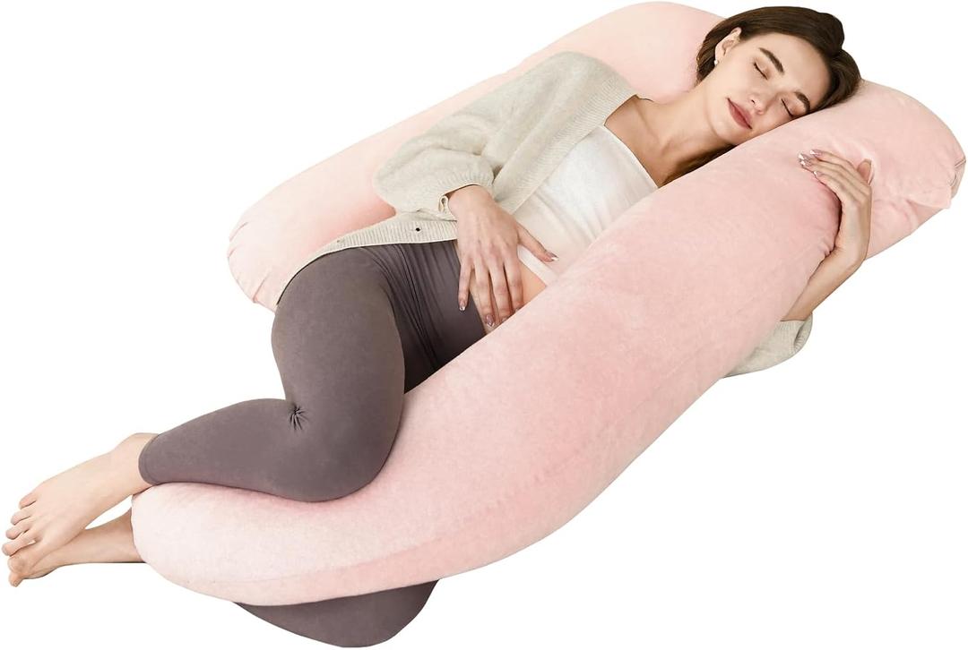 Maternity Pillow for Pregnant Women,57 Inch G-Shape Pregnancy Pillows for Side Sleeping,Relieves Back Pain, Leg & Belly Support, Comfort for Sleeping - Removable Velvet Cover (Pink)