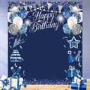 Large Blue Happy Birthday Backdrop Glitter Blue Silver Balloons Decoration Birthday Background for Outdoor Birthday Party Banner Cake Table Dessert Table Photo Supplies