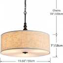 Shrine Lighting Drum Chandeliers, Farmhouse Style, Perfect Drum Pendant Light for Dining Room, D21'' x H8'', Adjustable Chains 59'', E26*3 Sockets, Beige Linen Fabric Lampshade & Black Rod