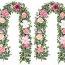 Waipfaru 2Pcs Artificial Flower Garland Decorations, 12.14Ft Eucalyptus Greenery Vines with Pink Roses for Wedding Table Runner Centerpieces Backdrop Room Decor (Pink)