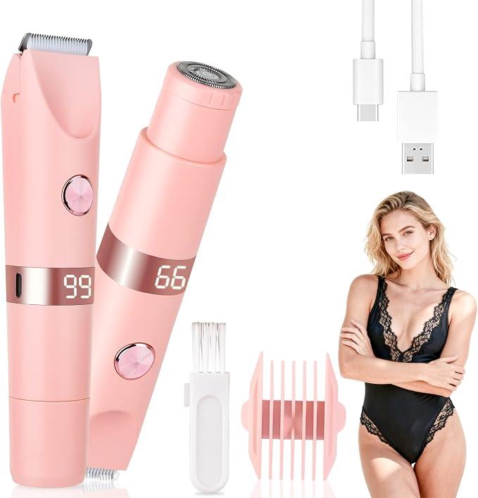 2-in-1 Electric Shaver & Bikini Trimmer With LED Display for Women & Men，IPX7 Waterproof Wet/Dry Electric Razor With Dual Head , Rechargeable Painless Body & Facial Hair Remover, Travel-Size (Pink