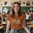 Halloween Shirts for Women Hocus Focus T-Shirt Halloween Pumpkin Tee Tops (Brown)