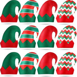 Yaomiao 12 Pcs Christmas Elf Felt Hat Green Red Elf Hats Bulk with Bell Santa Hat for Christmas Party Costume Favors
