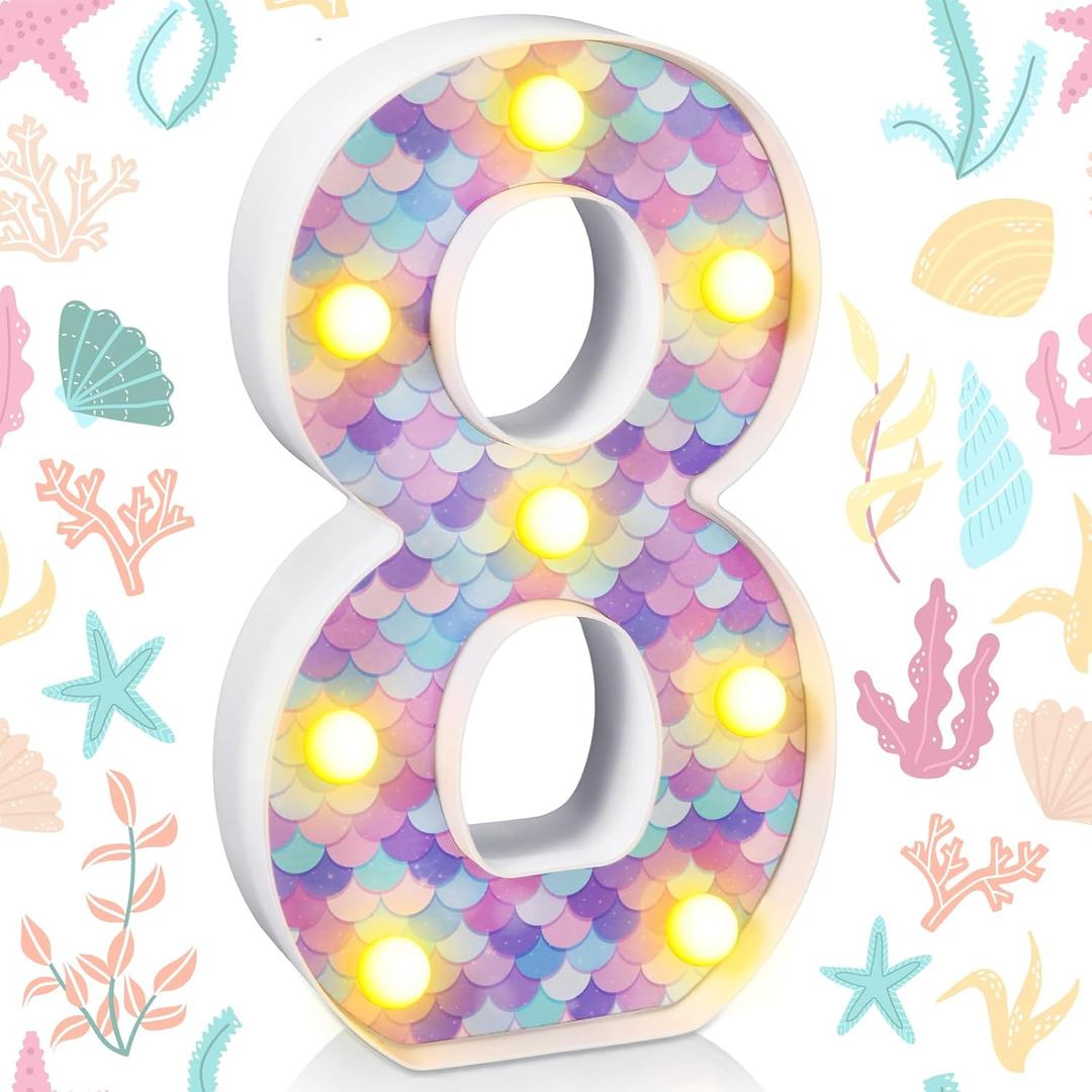 Mermaid Birthday Party Decoration, Decorative LED Glowing Numbers Mermaid Theme Marquee Digital Lights Table Centerpiece for Kids Under The Sea Birthday Baby Shower Party Decoration(8)