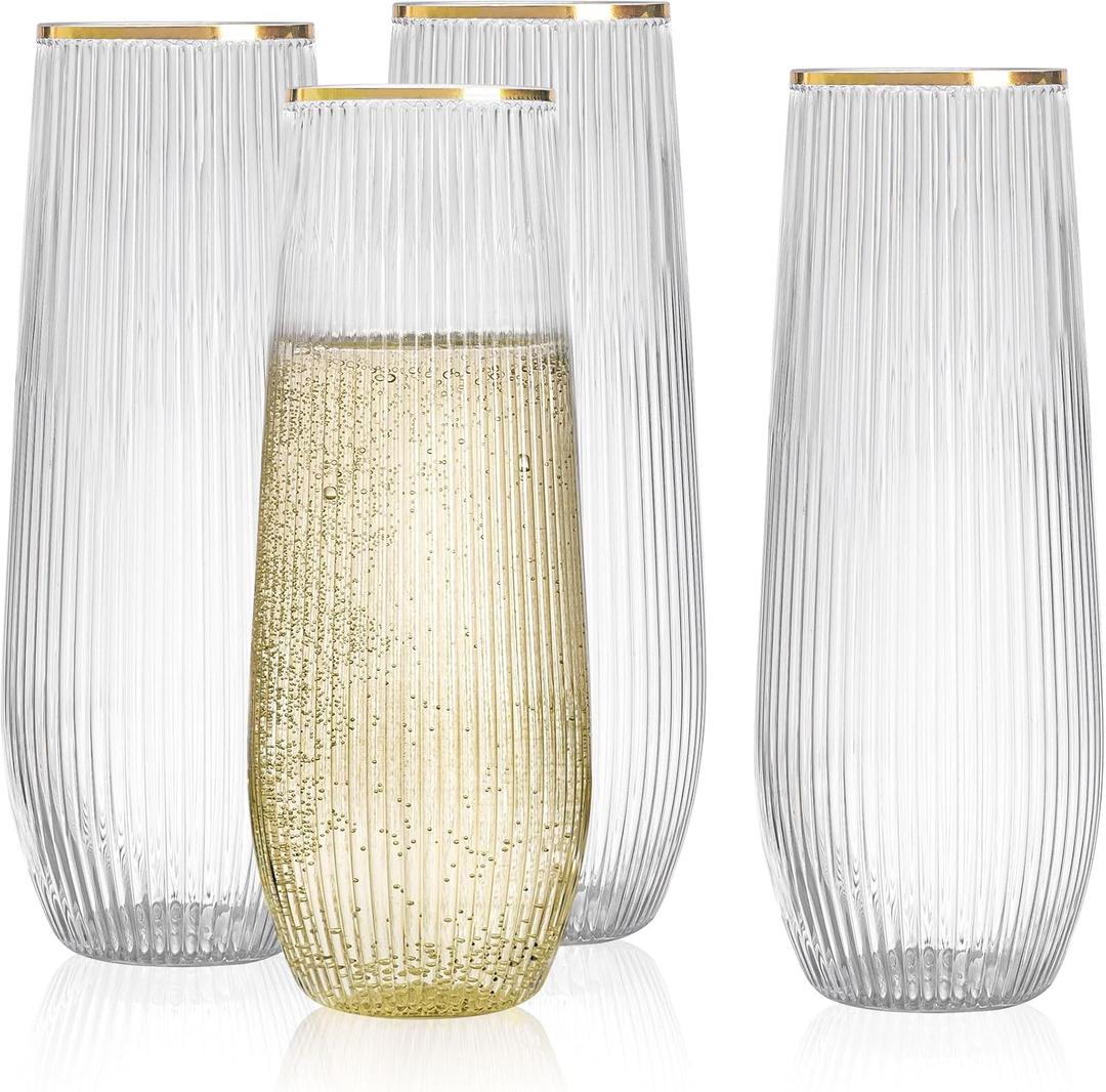 HOMIP 36pcs Plastic Champagne Flutes with Gold Rim - 9oz BPA-free Disposable Champagne Glasses, Ribbed Ripple Design for Weddings, Parties, Bars & Events (Stemless, Durable)