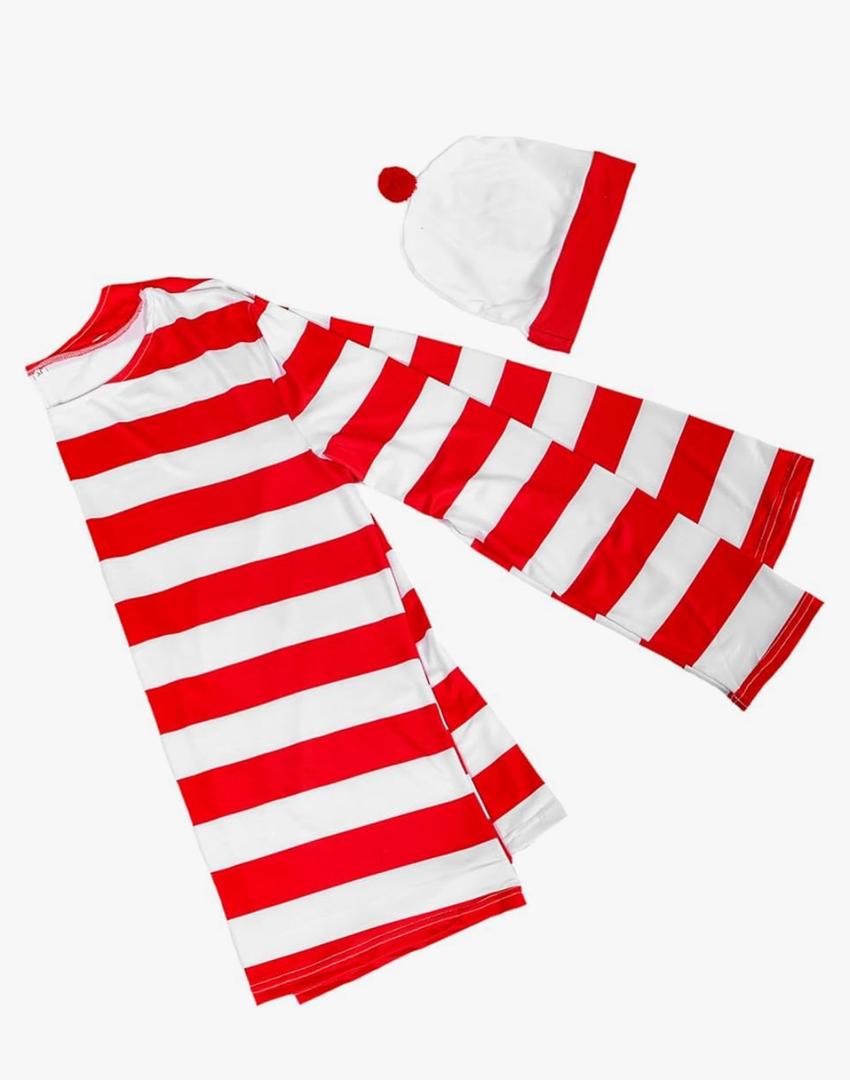 LIFKOME Halloween Costume Red and White Striped Long Sleeve Tee Shirt with Beanie Hat for Men Women Quick Wear Cosplay Outfit for Halloween Parties and Themed Events