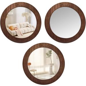 3 PCS Wood Wall Mirrors Decorative, 8 Inch Round Rustic Farmhouse Natural Wood Shatterproof Acrylic Decorative Mirror for Living Room, Bathroom, Bedroom and Entryway (Not Real Glass)