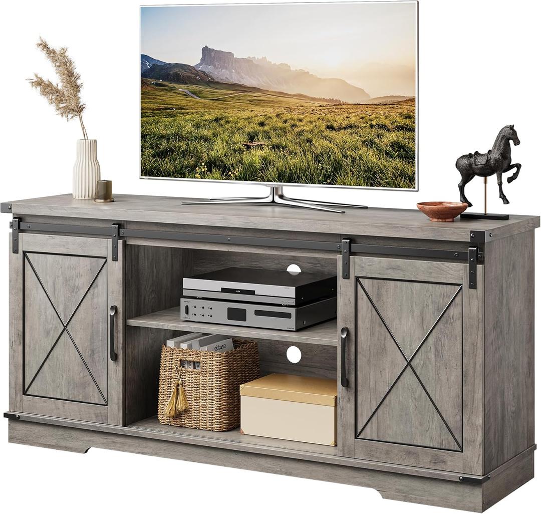 Garvee Farmhouse TV Stand for Televisions Up to 65" TVs, Entertainment Center with Sliding Barn Doors and Storage Cabinets, Modern TV Console Table, Media Furniture for Living Room, 59 Inch (Grey)