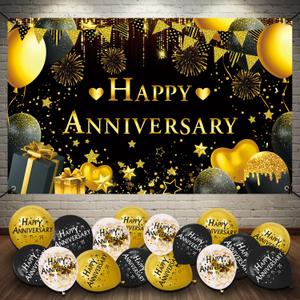 Happy Anniversary Decorations Kit - 5.9x3.6Ft Banner & 18PCS Balloons, Black & Gold Backdrop for Wedding, Party Supplies - Men & Women