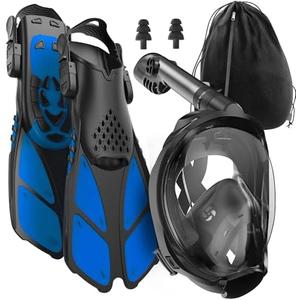 COZIA DESIGN Snorkeling Gear for Adults - Full Face Snorkel Mask and Swim Fins, 180Â° Panoramic View Snorkel Mask, Anti Fog and Anti Leak Adult Snorkel Set (Black, Mask M - Fins M)