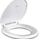 Toilet Seat Round with Non-Slip Seat Bumpers, Universal Quiet-Close Toilet Lid, Never Loosen and Easy to Install, Durable Plastic, White, Fits Standar