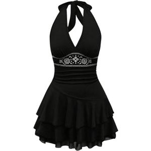 SOLY HUX Women's Summer Halter Backless Mini Dress Flowy Sleeveless V Neck Tie Back A Line Western Casual Sun Dresses (Large, Black Printed)
