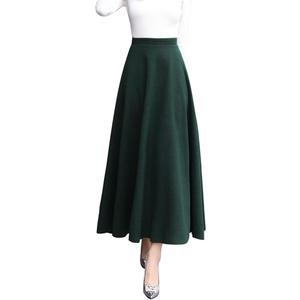 Women's Winter Fall Wool Skirt Plaid Elegant High Waist Elastic A-line Long Skirts (Dark Green 8011)