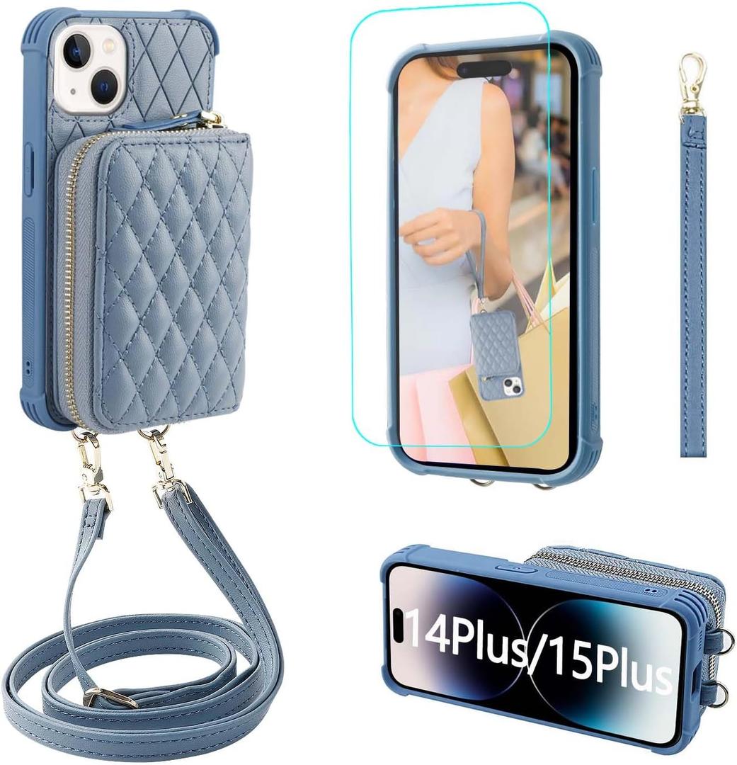 MONASAY Zipper Wallet Case Compatible for iPhone 15 Plus/14 Plus,6.7in[Screen Protector][RFID Blocking]Flip Leather Handbag Phone Cover with Card Holder&Detachable Crossbody Lanyard Strap, Light blue