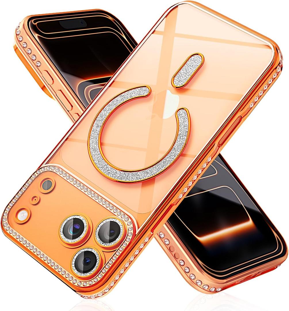 Magnetic Glitter Diamond for iPhone 17 Pro Max Case[Compatible with MagSafe]Sparkle Rhinestone Camera Lens Protector Plated,Crtstal Clear Slim Military Drop Shockproof Cover for Women,Orange