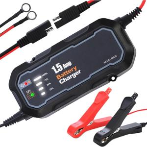 12V 1500mA Sealed Lead Acid (SLA) Battery Charger Automatic Smart Motorcycle Charger Maintainer for Car/RV/ATV/Boat Battery Trickle Charger with Short Circuit Protection