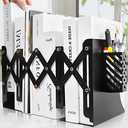 Heavy Duty Book End to Hold Books + Detachable Pen Holder, Adjustable Bookends Book Holder for Shelves, Decorative Book Organizer for Desk, Sturdy Metal Book Ends Binder Holder for Tabletop