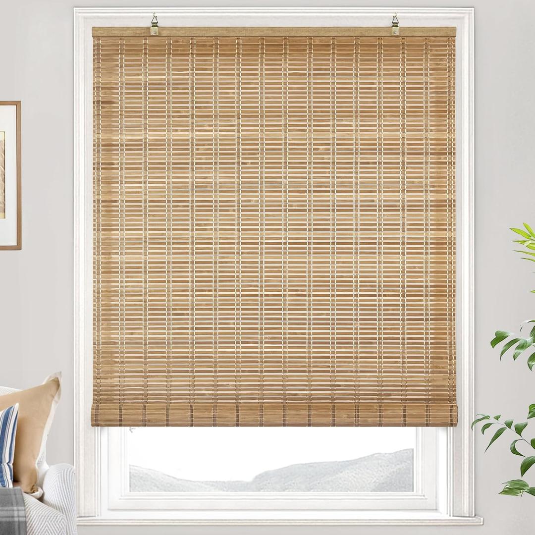 LazBlinds Cordless Bamboo Blinds, Bamboo Roll Up Shades for Windows, Light Filtering Hanging Window Blinds, Shades for Patio Indoor/Outdoor Porch, 20" W x 48" H, Brown206