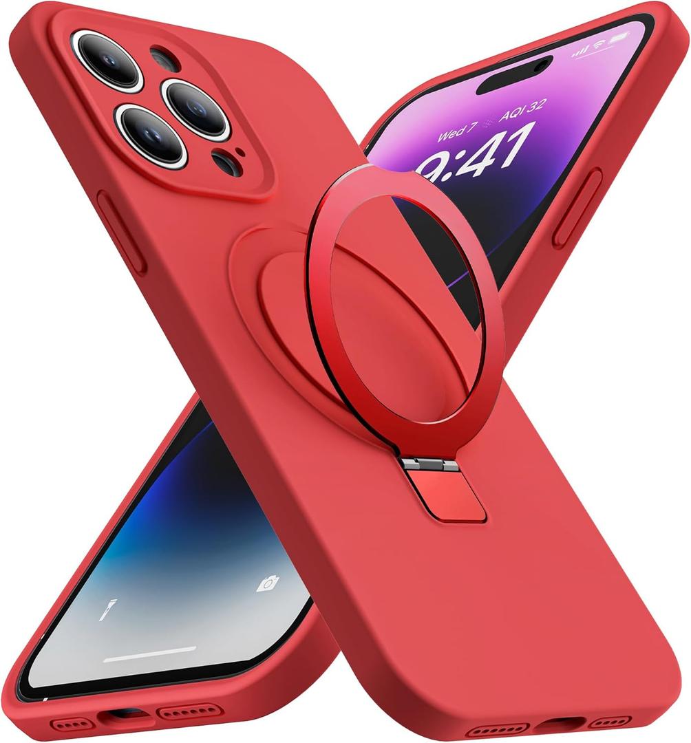 SKYLMW Designed for iPhone 13 Pro Max Case with Magnetic Invisible Stand Compatible with Mag-Safe Military Drop Tested Shockproof Silicone Phone Cases for Women Men 6.7'', Red