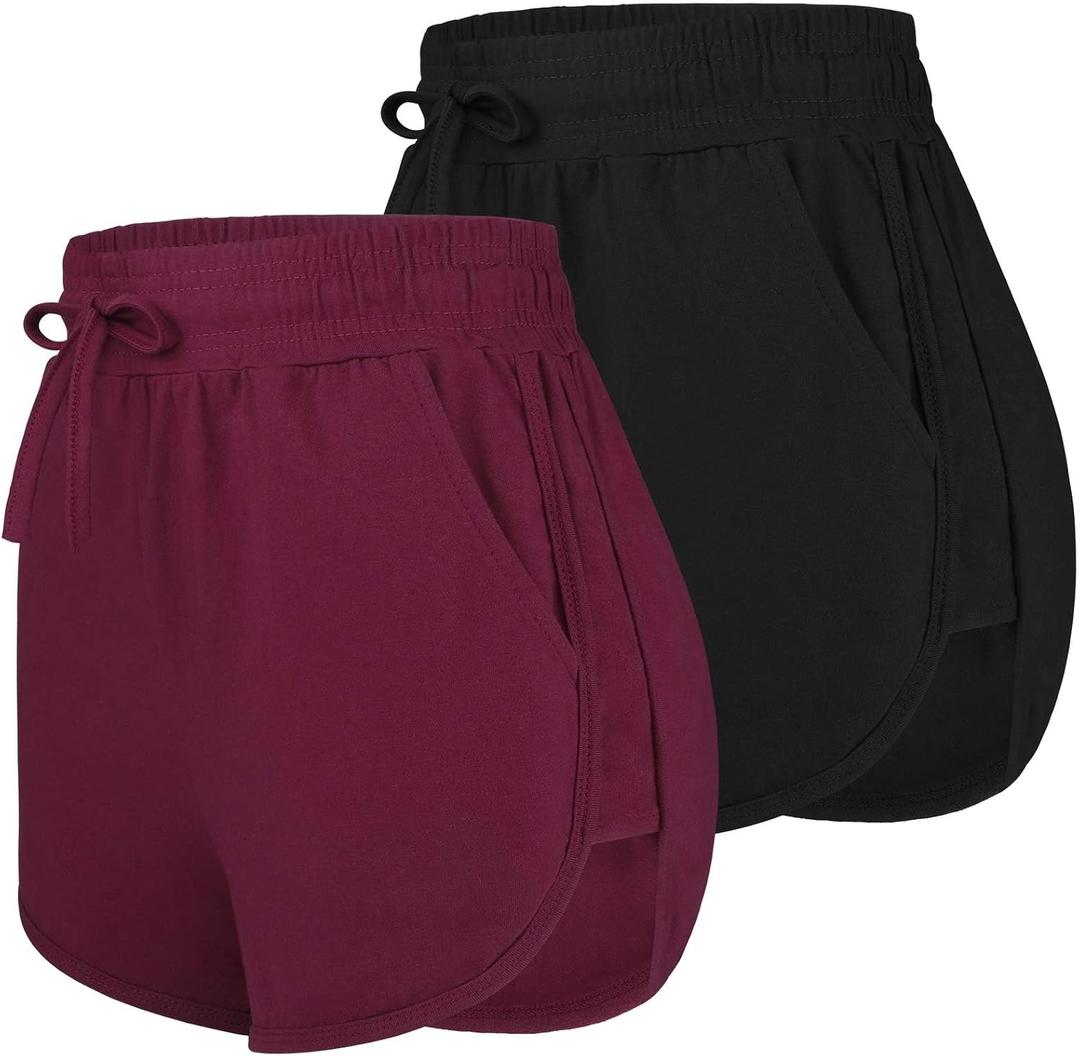 URATOT 2 Pack Cotton Yoga Short Women Summer Running Gym Sports Waistband Shorts with Pockets (XXL)
